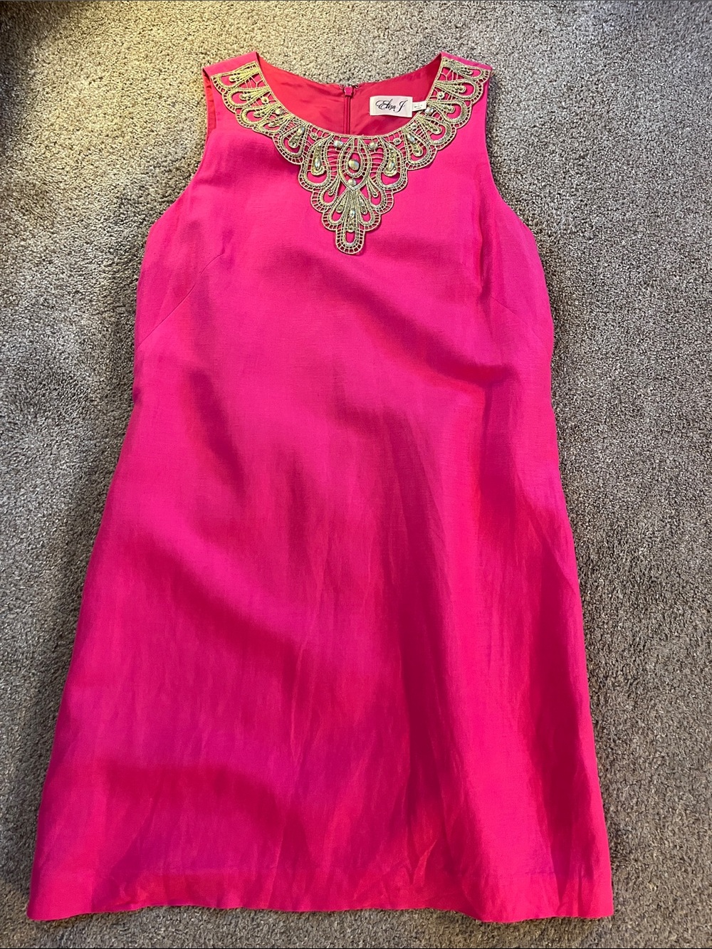 👑👑👑Eliza J Pink Linen Blend sz10 Gold Embroidered Gold Beaded Yoke Shift MONEY - Picture 2 of 13